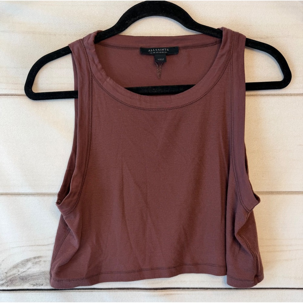 AllSaints Rina Cropped Tank Top Brown Ribbed Ramskull Tencel US 12 WM080Z